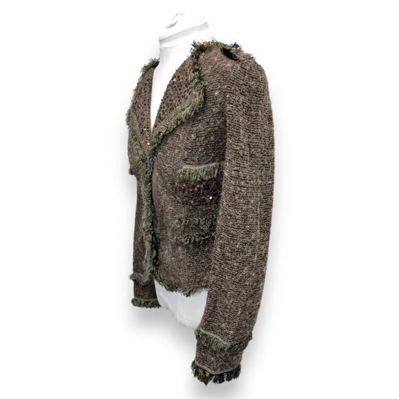 Monoreno Womens Tweed Wool Blend Jacket With Sequins & Frayed Trim Size L - Picture 3 of 8